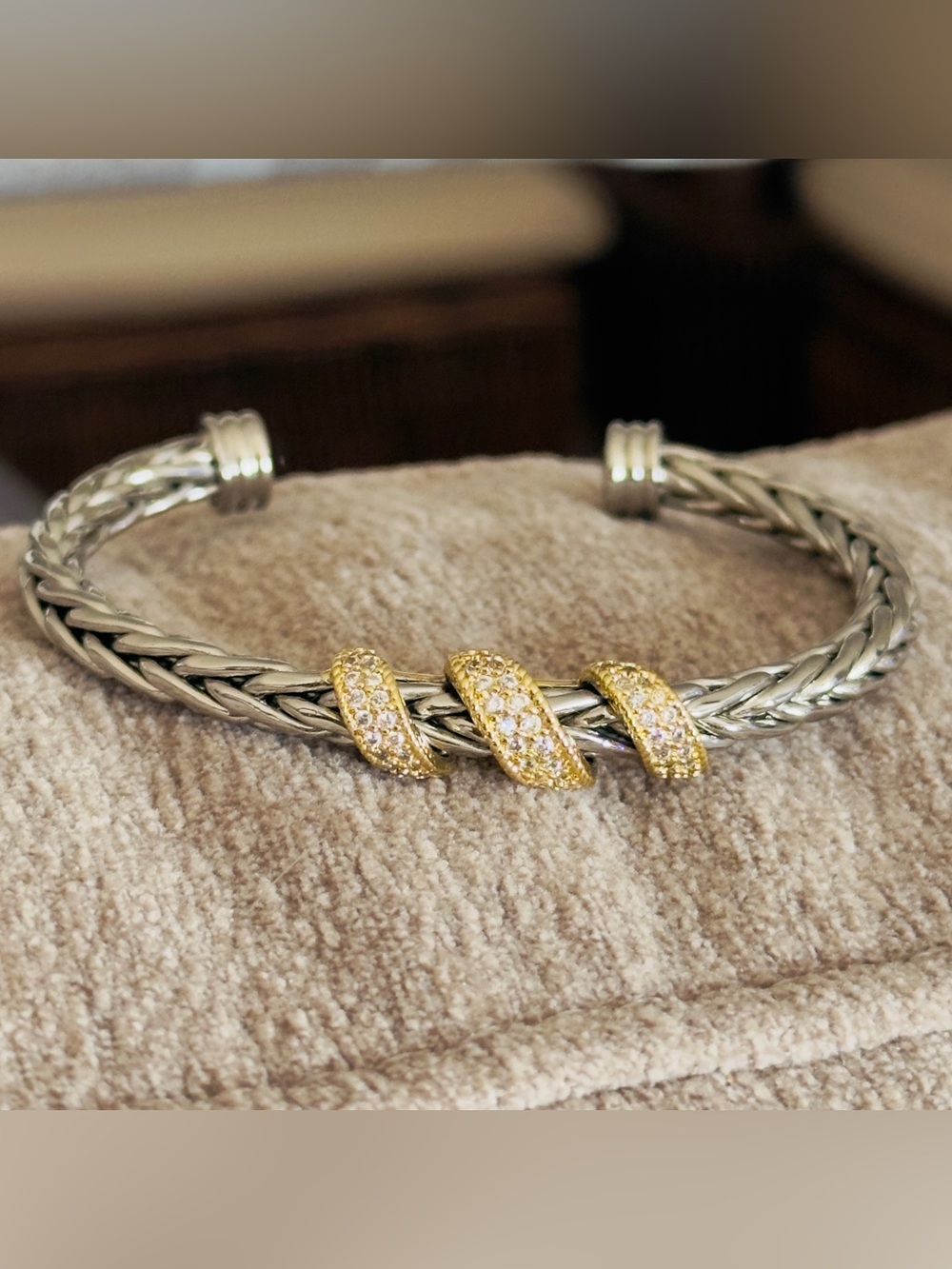 Two-Tone Braided Cuff with Gold Pavé Accent